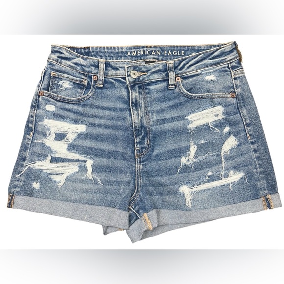 American Eagle High Rise Mom Shorts Distressed Cuffed Denim Vintage Wash Size 10 - Picture 2 of 9